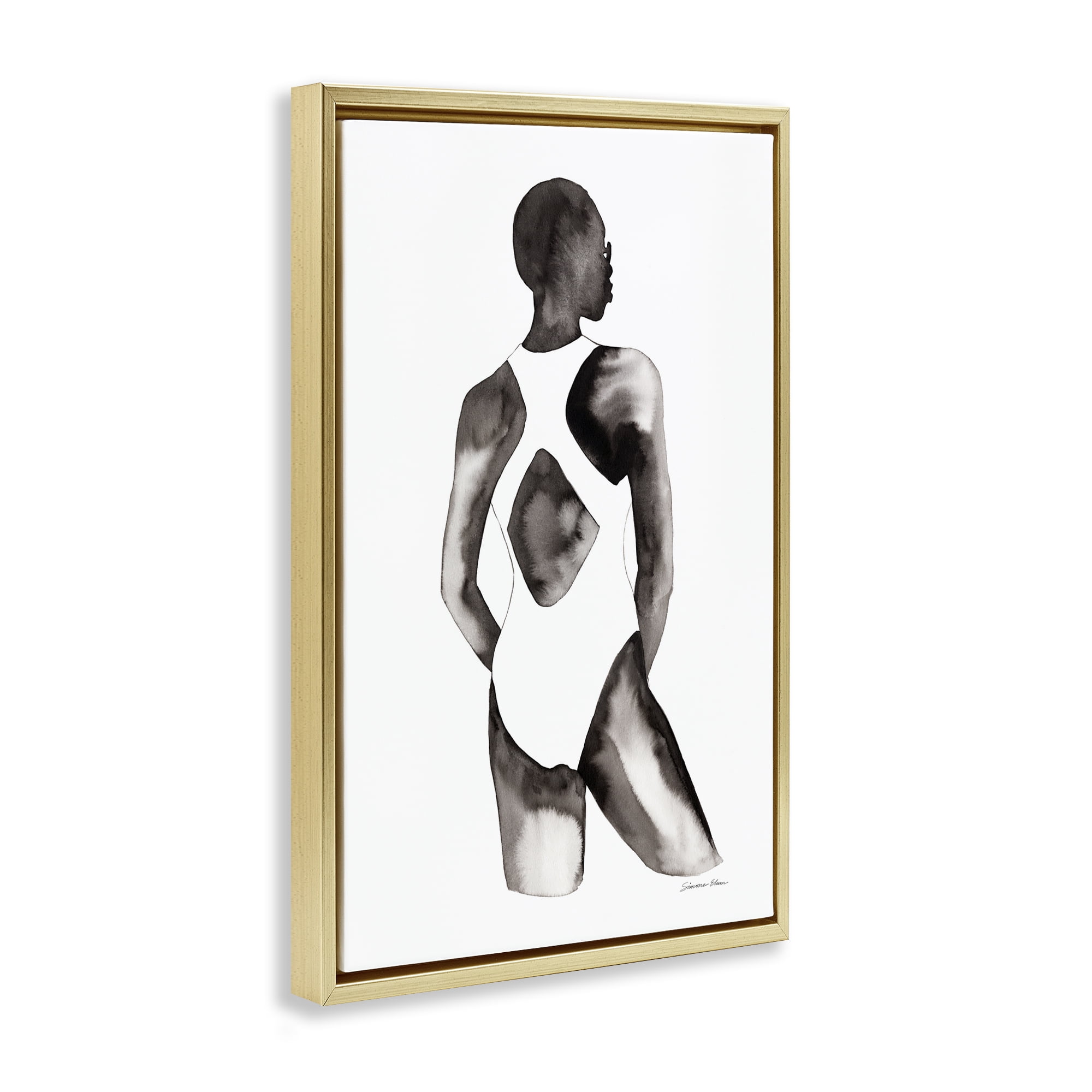 Stupell Industries Beach Day Swimsuit Silhouette Gold Framed Floater Canvas Wall Art, design by Simone Elum