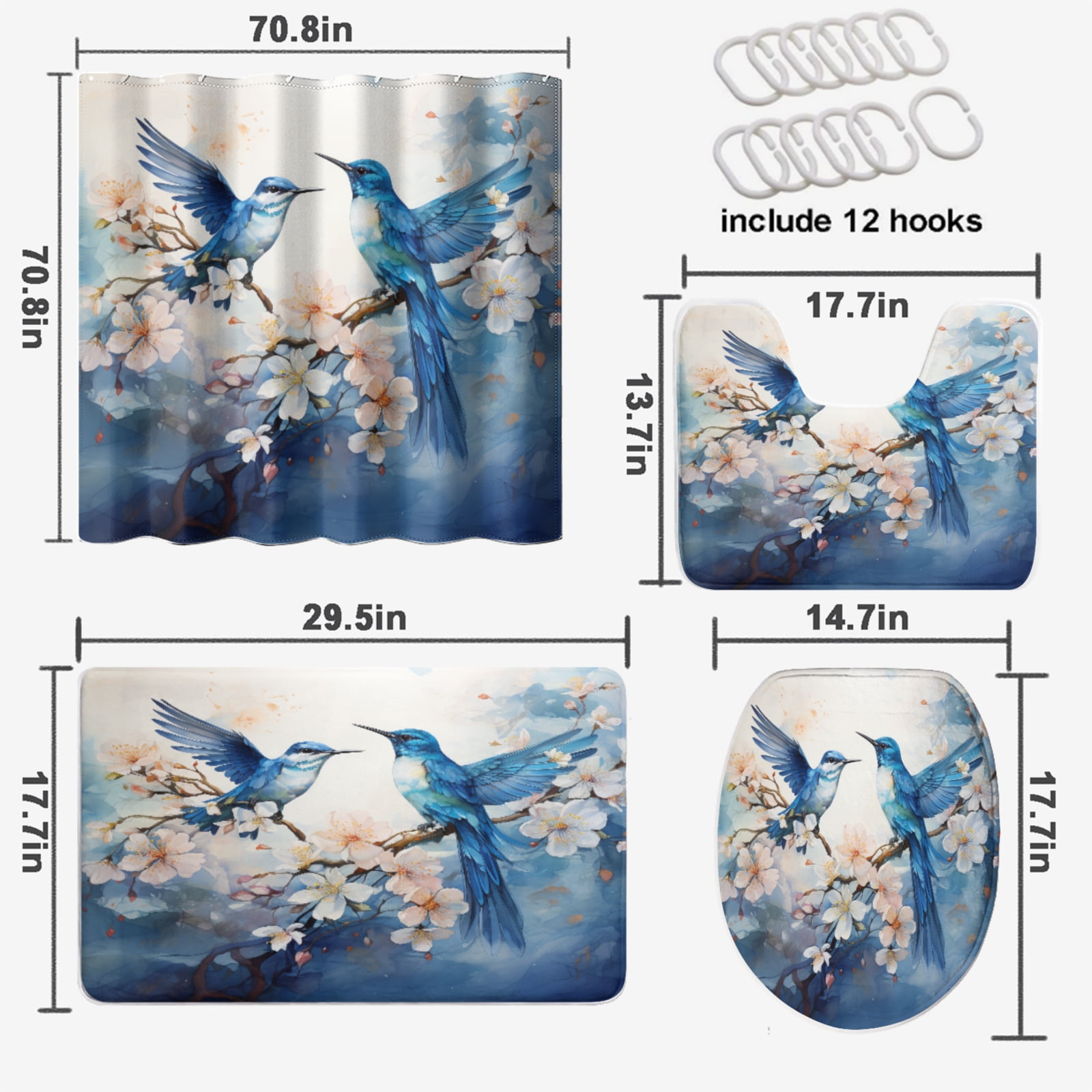 Hummingbird Shower Curtain Set Spring Watercolour Blue Floral Garden with Non-Slip Rugs, Toilet Lid Cover and Bath Mat, Durable and Waterproof, for Bathroom Decor Set, 72x72 Inch