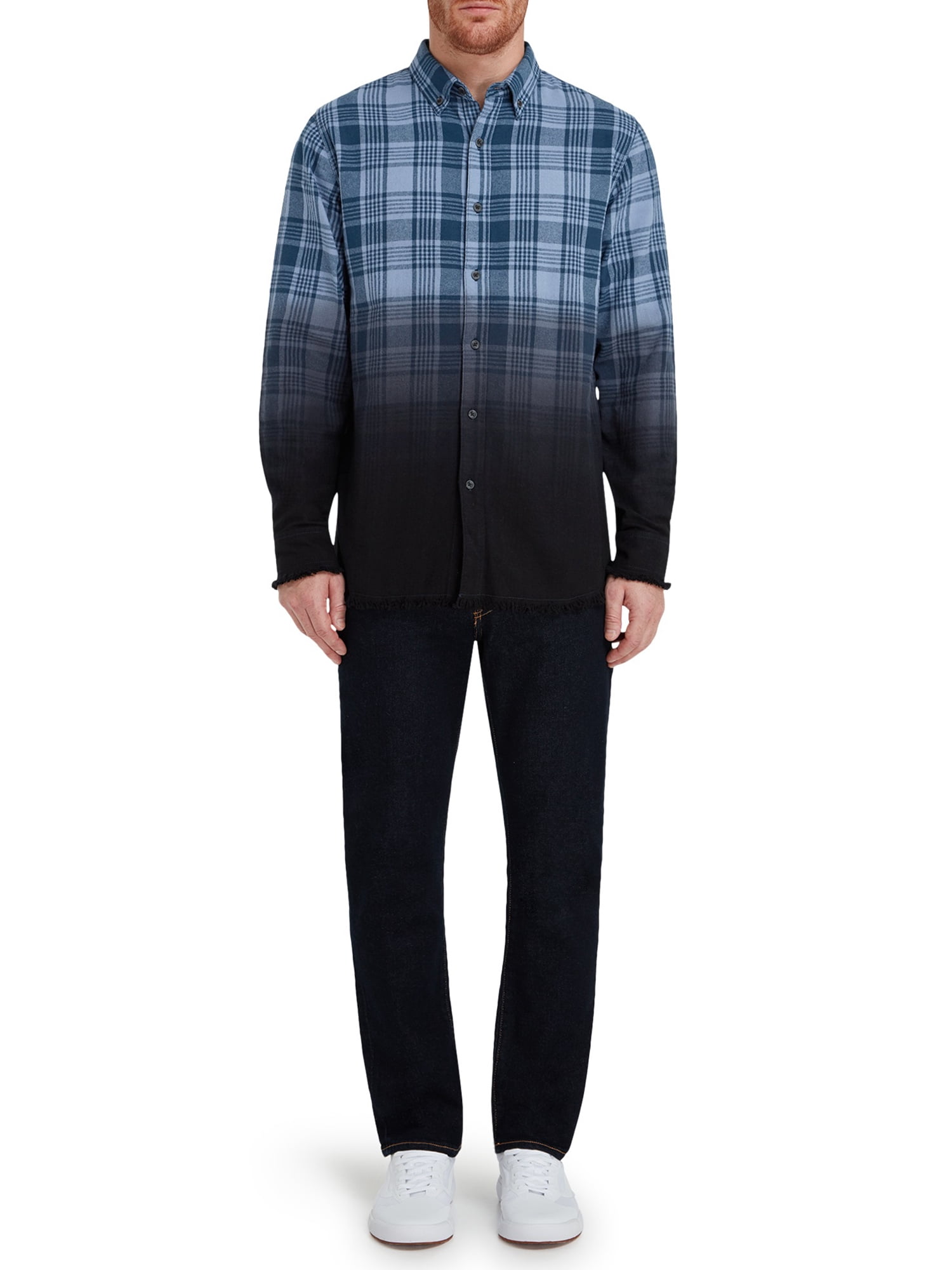 Epic Studio Men's & Big Men's Raw Hem Dip Dye Plaid Flannel Shirt, Sizes XS-3XL, Mens Shirts