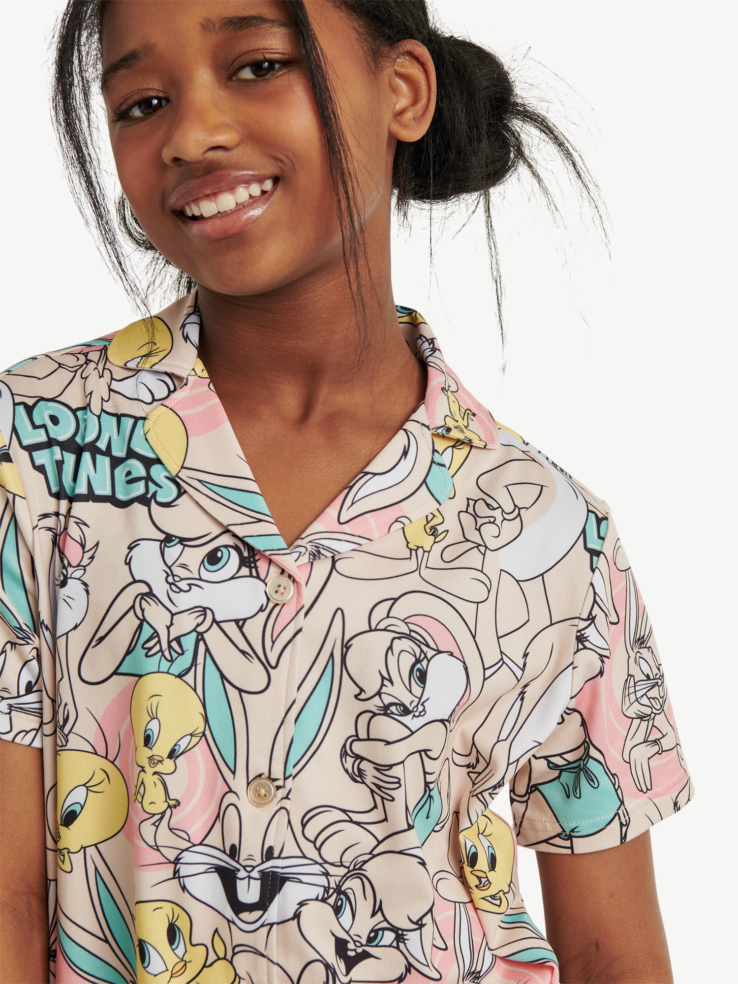 Looney Tunes X Justice Girls Short Sleeve Button Front Sleep Top and Sleep Pants, 2-Piece, Sizes 5-18