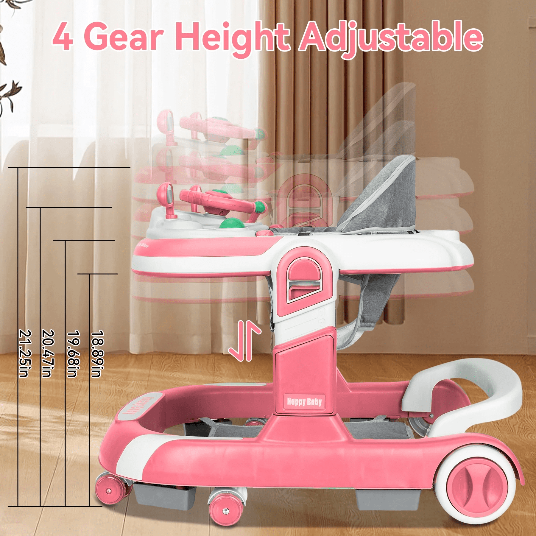 PUEDO 5-in-1 Foldable Baby Walker with Foot Pads/Handles for Boys and Girls 6-36 Months, Pink