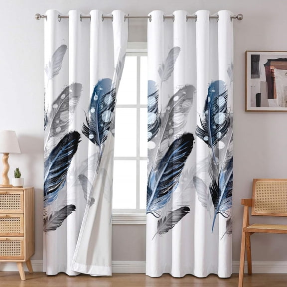 Blue Feather Print Blackout Curtains, 52" x 84" 2 Panels, White Thermal Insulated Grommet Window Curtains for Bedroom Living Room, Machine Washable