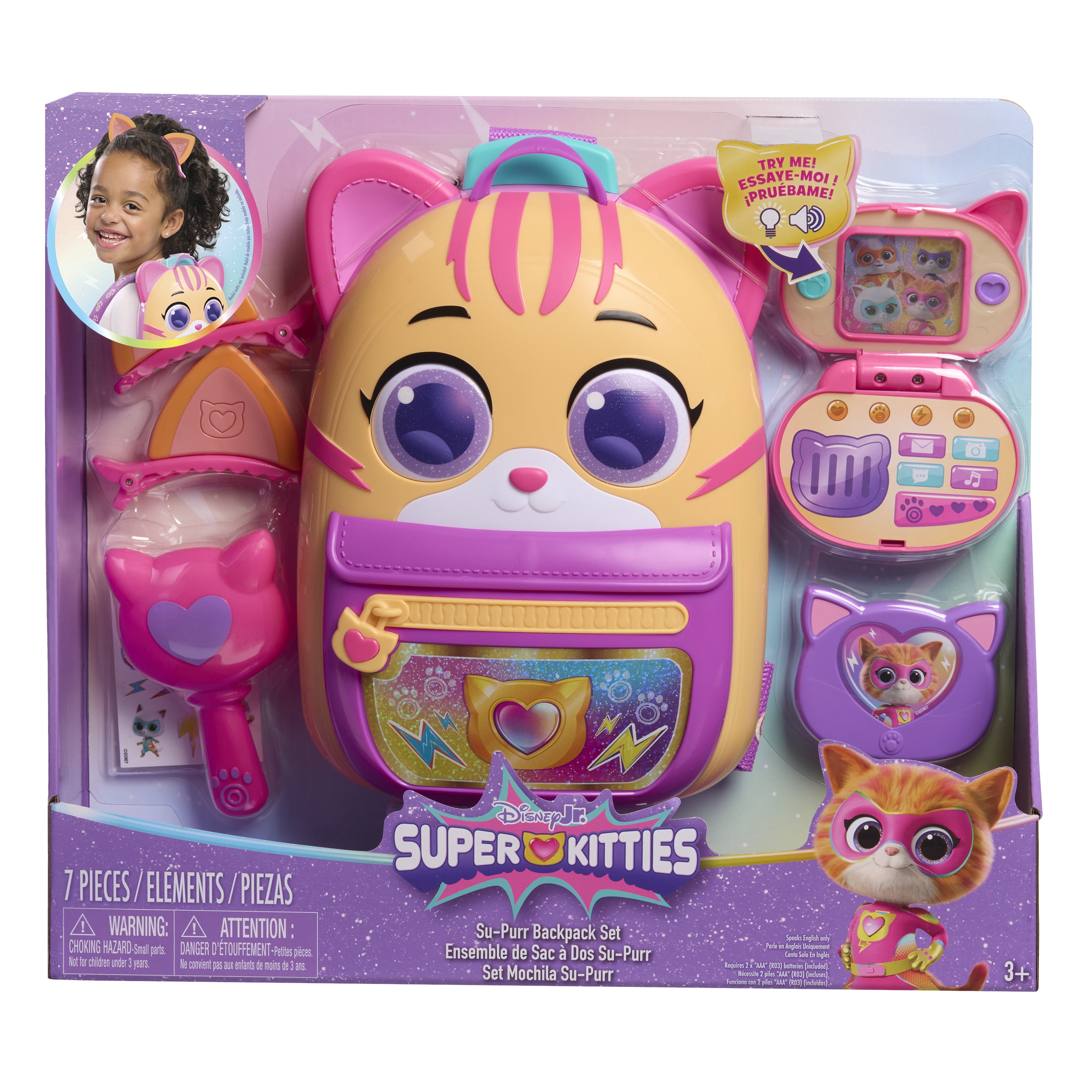 Disney Jr. SuperKitties Su-Purr Backpack Set with Lights & Sounds, 7-pieces, Kids Ages 3 and up