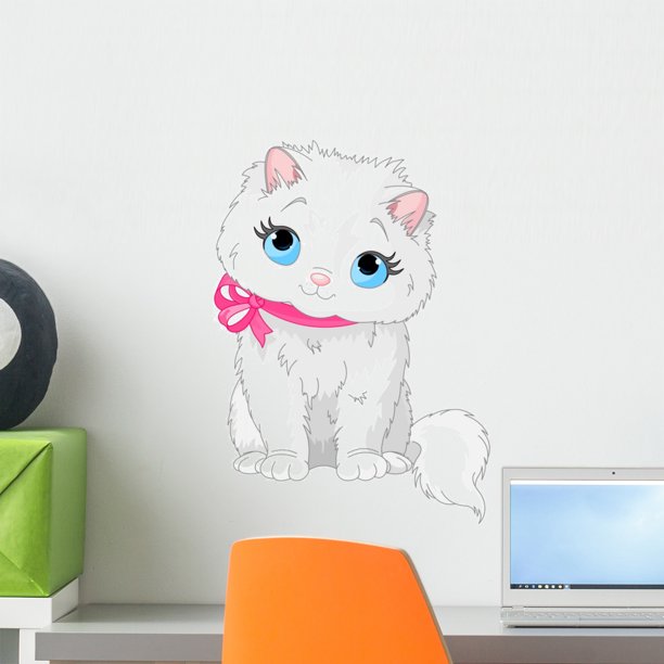 Cute White Cat Wall Decal Wallmonkeys Peel and Stick Graphic (18 in H x