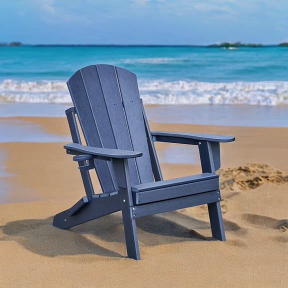 Umi Patio Folding Adirondack Chair with Cup Holder, all-weather HDPE material, suitable for outdoor use, patios, poolside, and gardens - Navy Blue