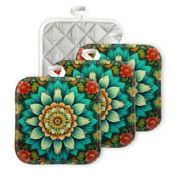 Heat Resistant Hot Pads 4 Pack Intricate Mandala With Vibrant Colors Featuring Blooming Flowers And Leaves Square Pot Holder For Kitchen Cooking Oven And Bbq Grill With Hanging Loop Potholde