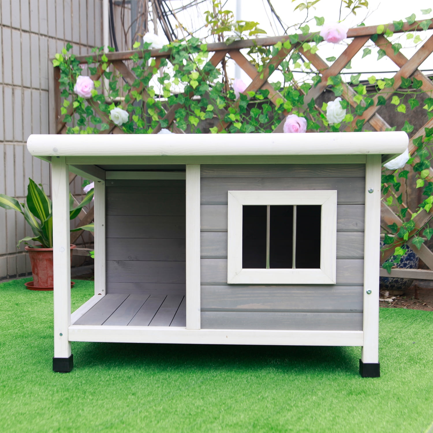 Pefilos 33" Outdoor Wood Dog Houses with Hinged Roof for Small Dogs, Weatherproof Pet Cat House, Removable Floor, Beige Pefilos 33" Outdoor Wood Dog Houses with Hinged Roof for Small Dogs, Weatherproof Pet Cat House, Removable Floor, Beige