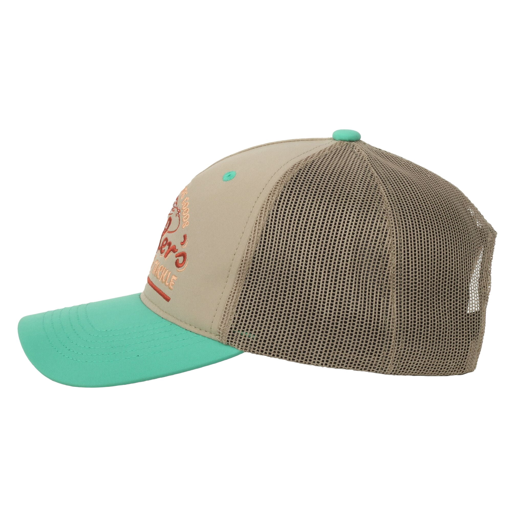 Beige/Green 5-Panel Fishing Cap – Structured Mid Profile, Embroidered, Snapback, One Size