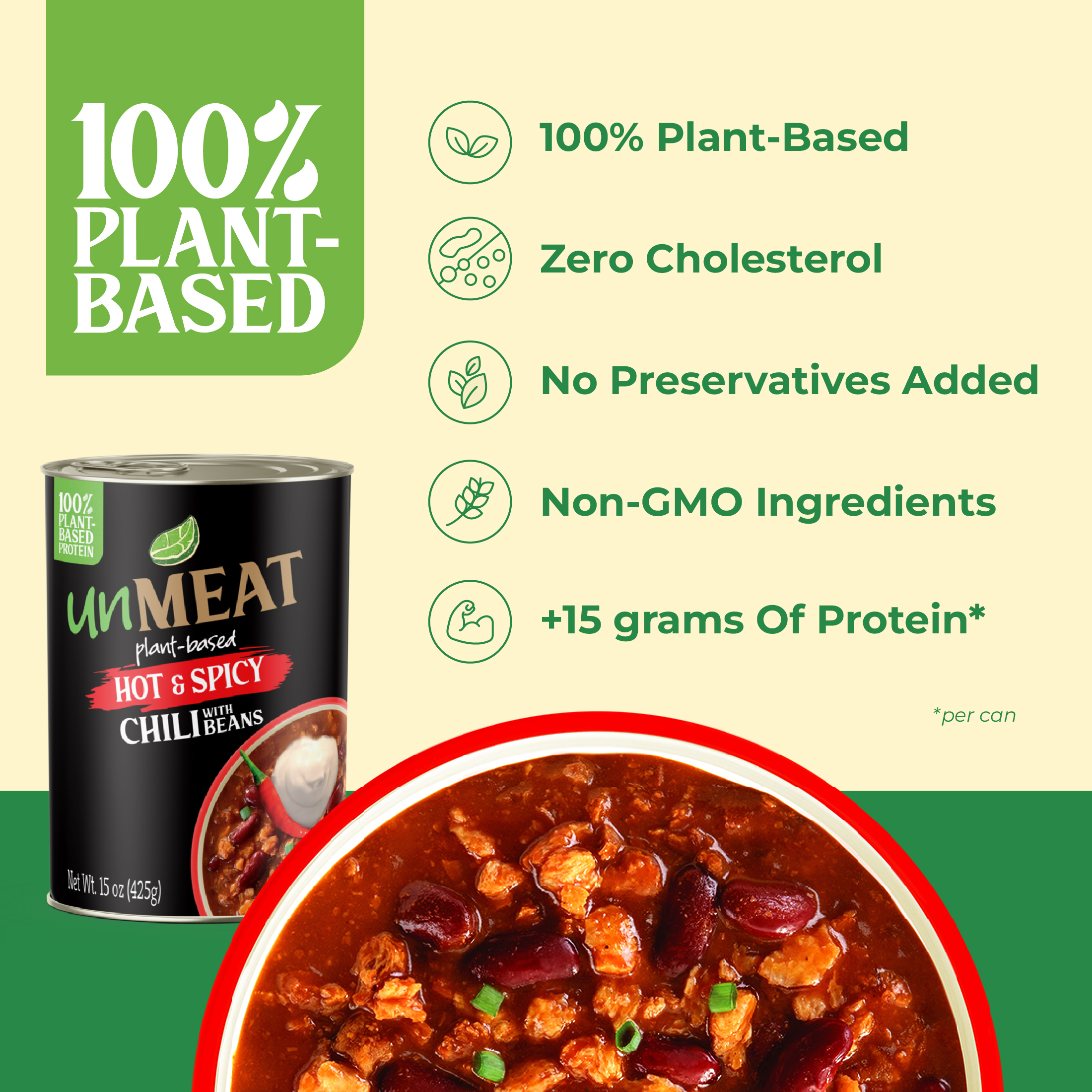 (3 pack) unMEAT Hot & Spicy Chili with Beans, 15 oz Can, Plant-Based, High Protein