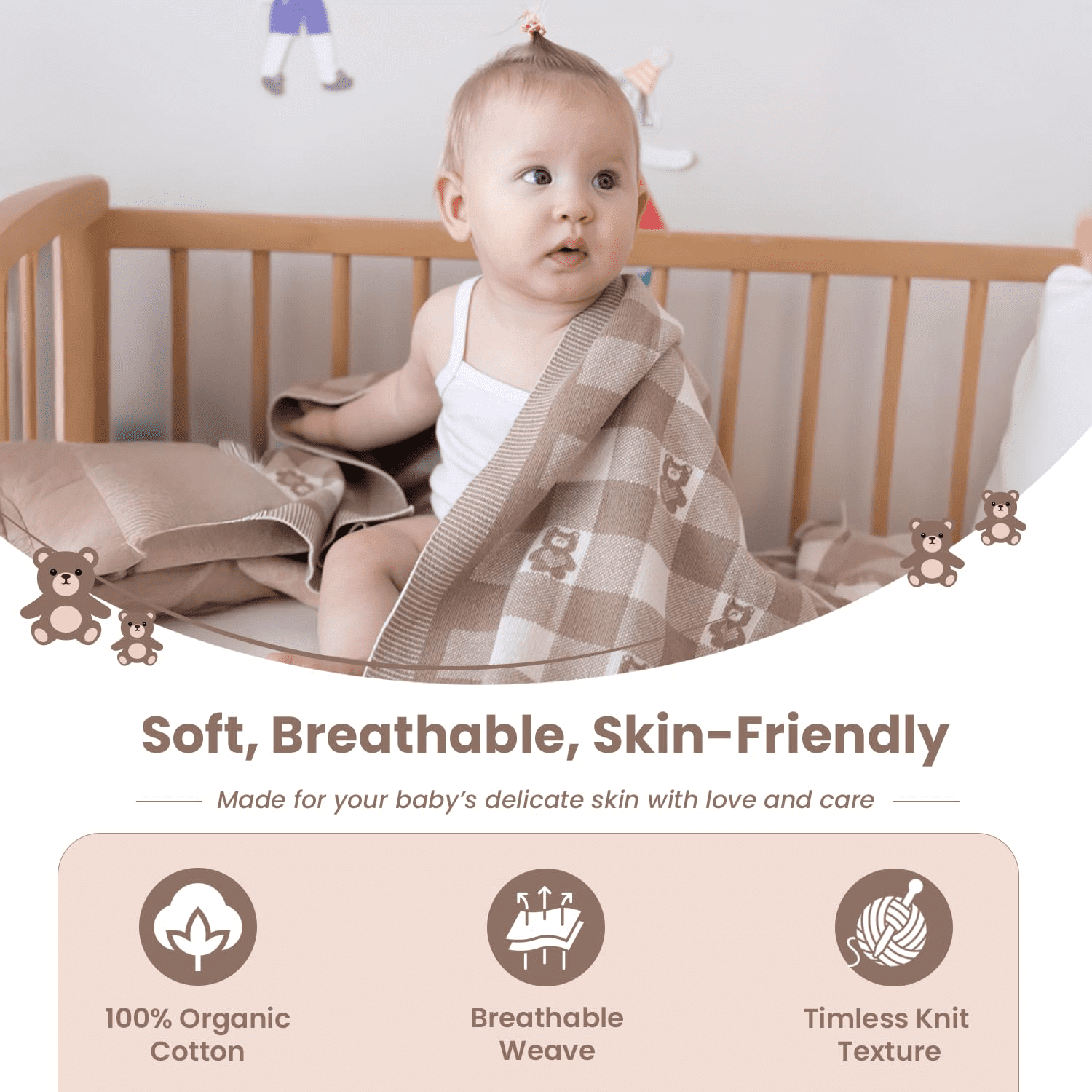 Gender-Neutral Checkered Baby Blanket 30x40 Inches, Mocha Teddy Bear – 100% Organic GOTS Certified Cotton, Soft and Lightweight, Perfect for Swaddling