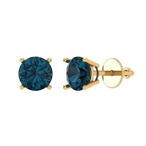 1.5 ct Screw-Back Stud Earrings for Women | 6mm Round Cut Natural London Blue Topaz | 18K Yellow Gold