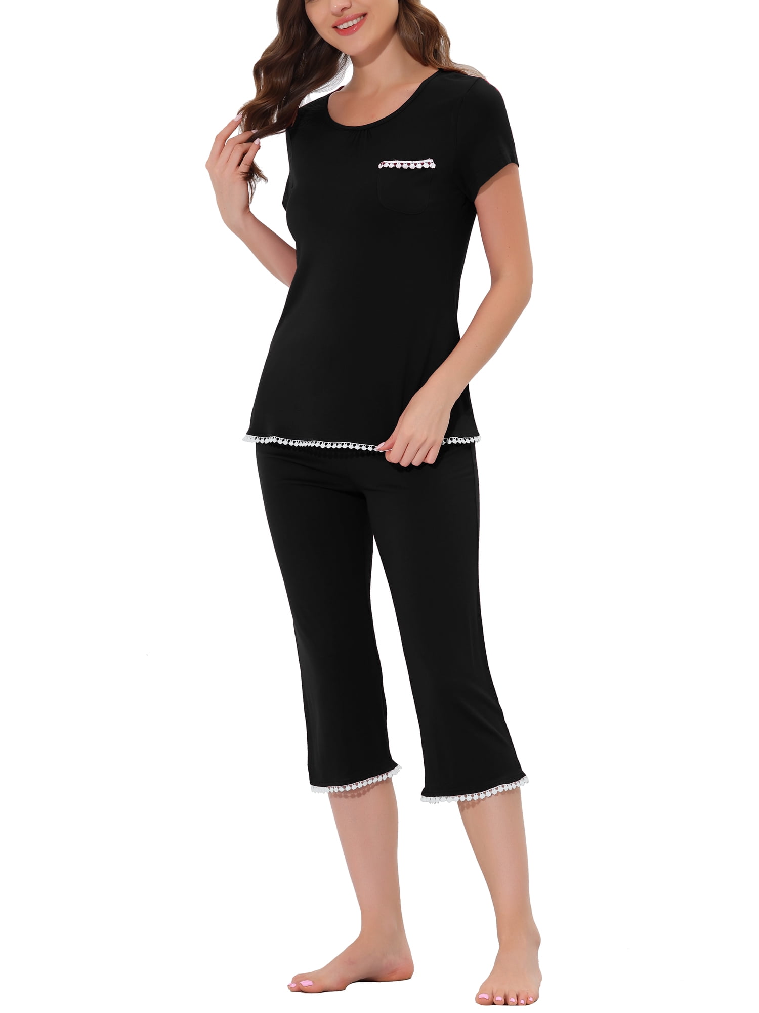 Unique Bargains Women's Lounge Pajama Round Neck Capri Nightwear Casual Sleepwear Sets