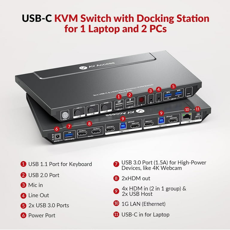 AV Access USB-C KVM Switch Docking Station, 3-Port with HDMI for