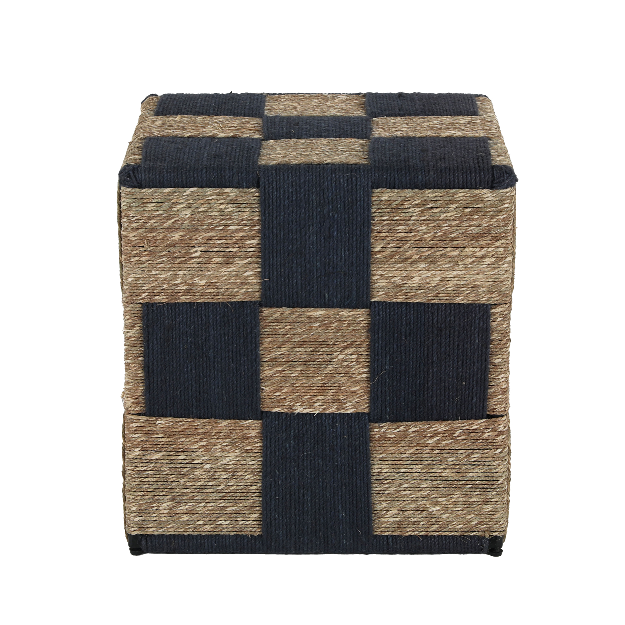 Ox Bay Eros Transitional Wrought Iron Hand Made Indoor Square Stool, Blue/Natural, 17" W x 17" D x 18" H