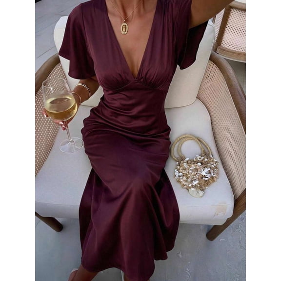 Womens Elegant Redwood V-Neck Satin Long Dress
