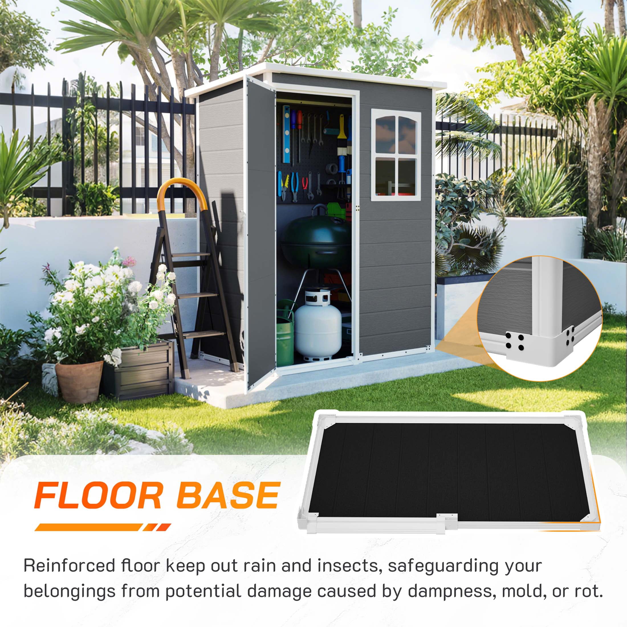 LZBEITEM 5x3 ft Resin Outdoor Storage Shed with Floor, Garden Plastic Tool Shed with Window and Lockable Door, Colorfast, for Garden Backyard, Gray