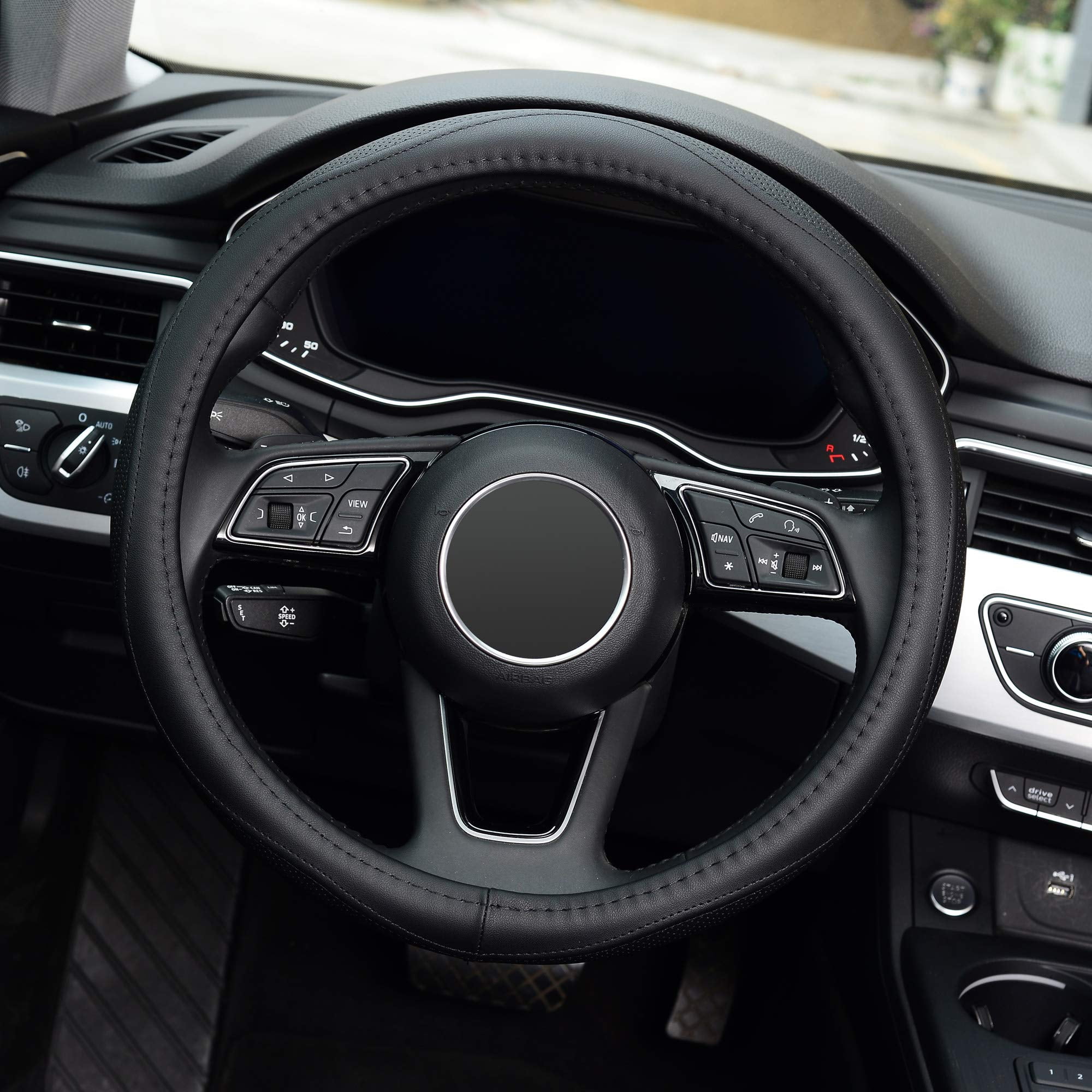 KAFEEK Steering Wheel Cover, Universal 15 inch, Microfiber Leather,  Anti-Slip, Odorless, Black Lines