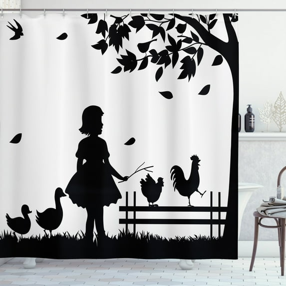 Ambesonne Fence Shower Curtain, Little Girl Geese Rooster, 69"Wx84"L, Black White