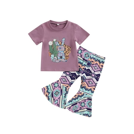 

Easter Toddler Baby Girl Cute Rabbit Print Short Sleeve T-Shirt Top Floral Bell-Bottom Kids Summer 2Pcs Outfits Purple