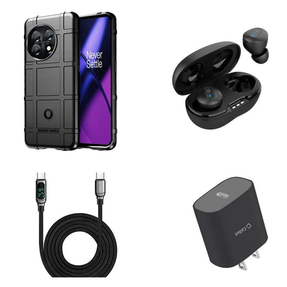 BD Combo Bundle Case for OnePlus 11 5G Case - (Dark Navy Blue) Impact Resistant Flexible Armor Case with Wireless Earbuds, UL Listed USB-C PD Wall Charger, Digital Display USB-C to USB-C Cable