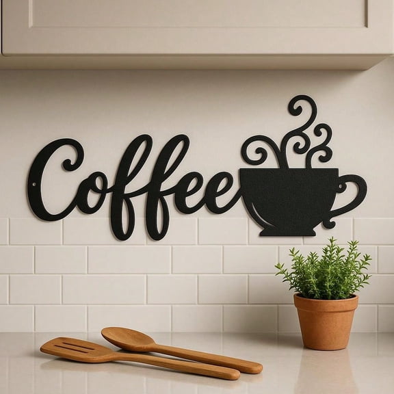 HELLOYOUNG "Minimalist Metal Wall Art Decor Vintage Matte Black Coffee Cup Steam Sign Modern Home Decor for Cafe Tea Party Decoration  Rustproof & Waterproof Unique Housewarming Gift Accessories