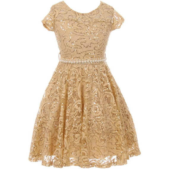 Big Girl Cap Sleeve Floral Lace Glitter Pearl Holiday Party Flower Girl Dress Champagne 12 JKS 2102 BNY Corner