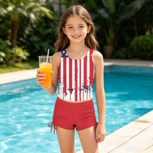 Odeerbi Niñas Día de La Independencia Traje de Baño de 2 Piezas Patriotic Tank Top Con Sostén Pad & Boyshort Bottom Baño Seco Rápido