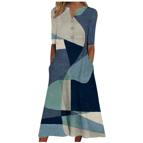 Wycnly Womens Dresses Elbow-Length V-Neck Geometric Print Casaul Maxi Summer Dress Beach Button Down Loose Pocket Fashion Swing Tunic Sun Dresses Light Blue XL Clearance Clothes