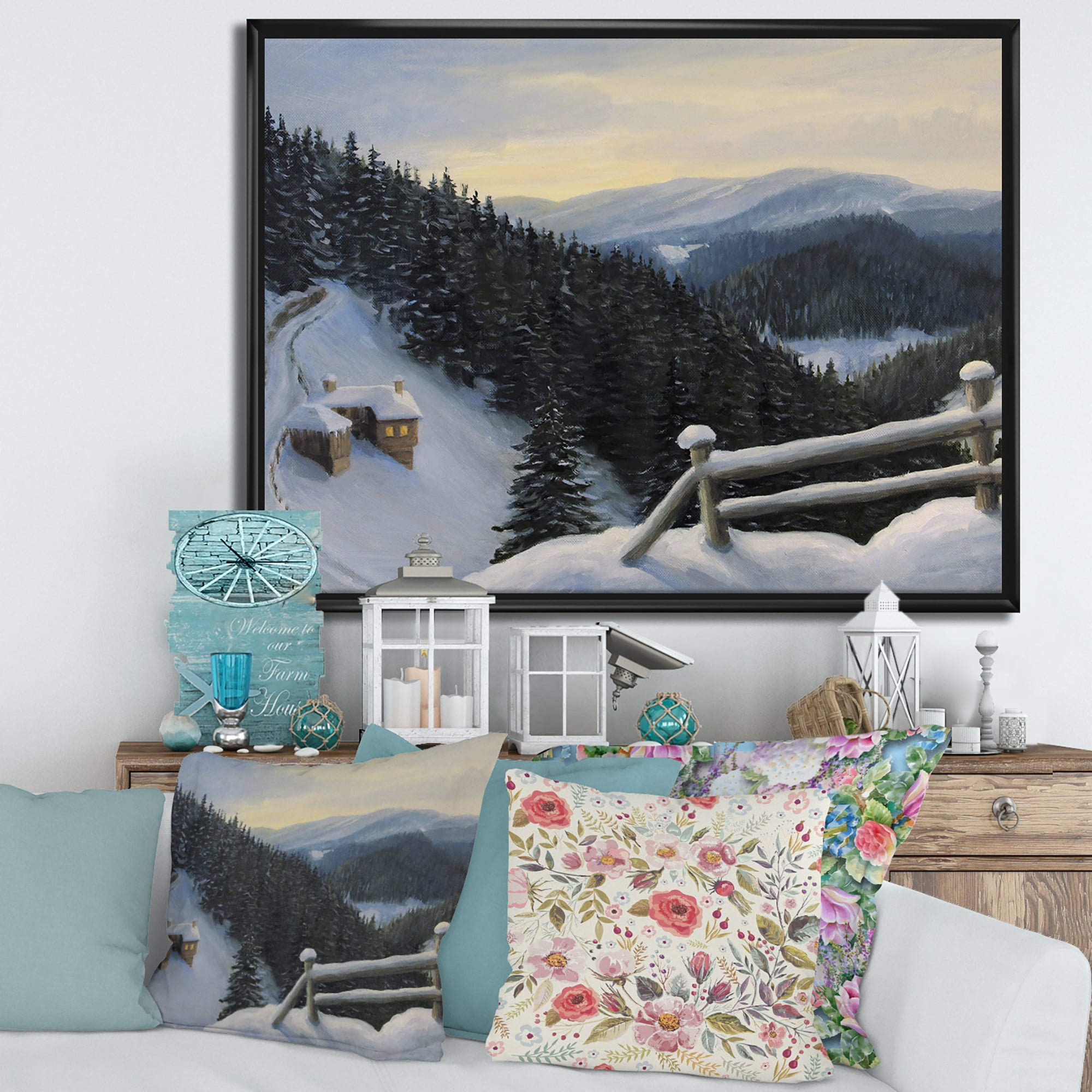 Designart 'View On Snowy Mountain Tops At Evening Glow' Traditional Framed Canvas Wall Art Print