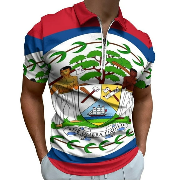 Belize Flag Men Zipper T-shirt Summer Casual Short Sleeve T-shirt Top