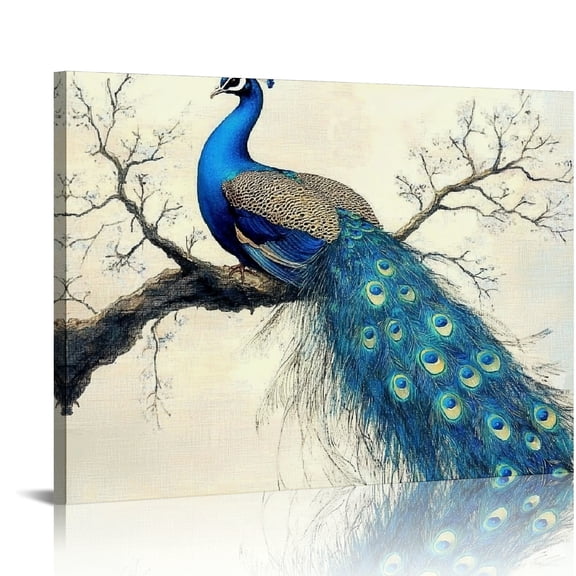 Patifu Peacock Wall Art Decor for Living Room, Beautiful Oil Painting Canvas Prints of Elegant Proud Peacock on Beige Pictures 20x16in