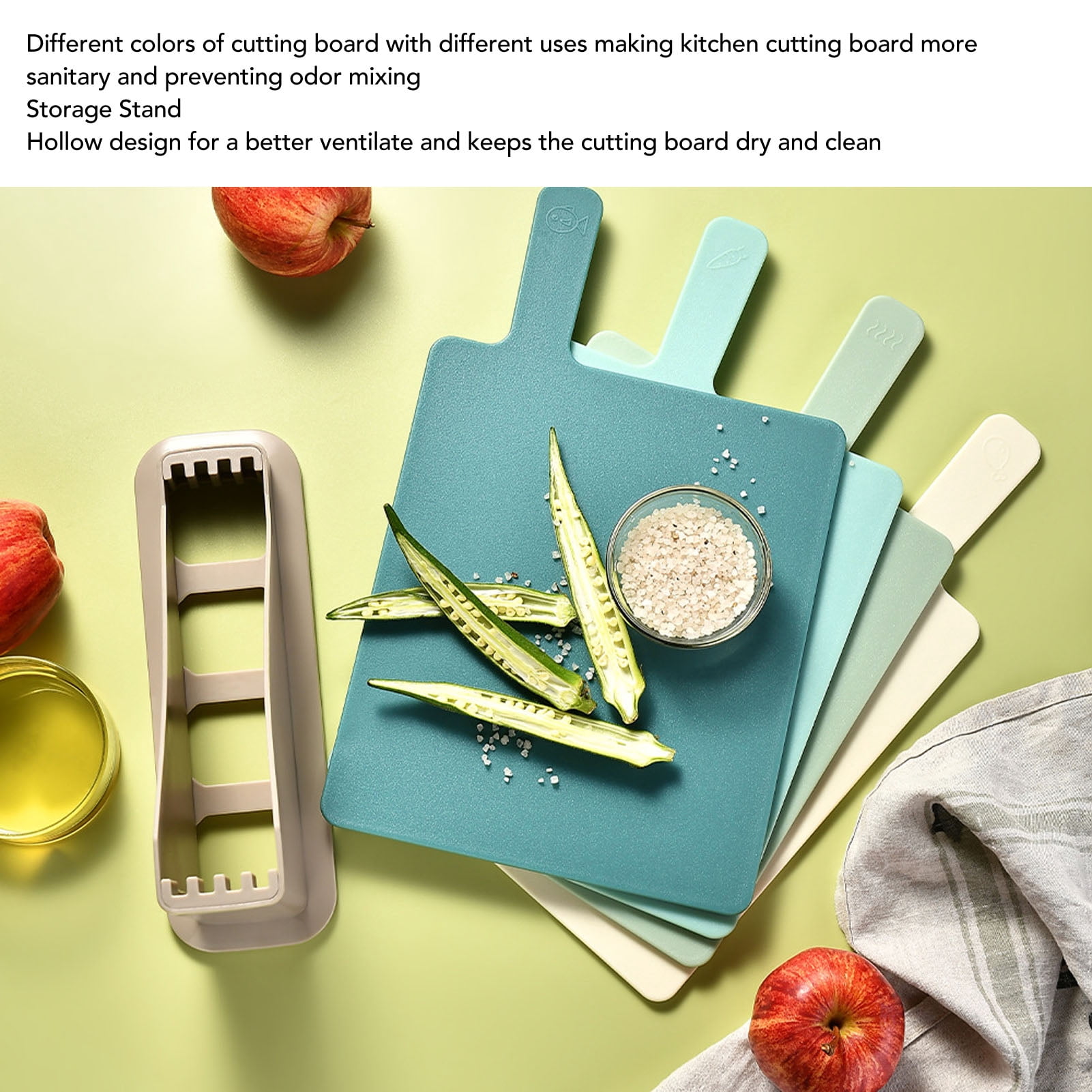 YAHHU 4PCS Plastic Cutting Boards Set Color Coded Chopping Boards with Storage Stand Reversible Paddle Shape for Home Kitchen Restaurant, 9.3x7.9 inches / 23.5x20 cm