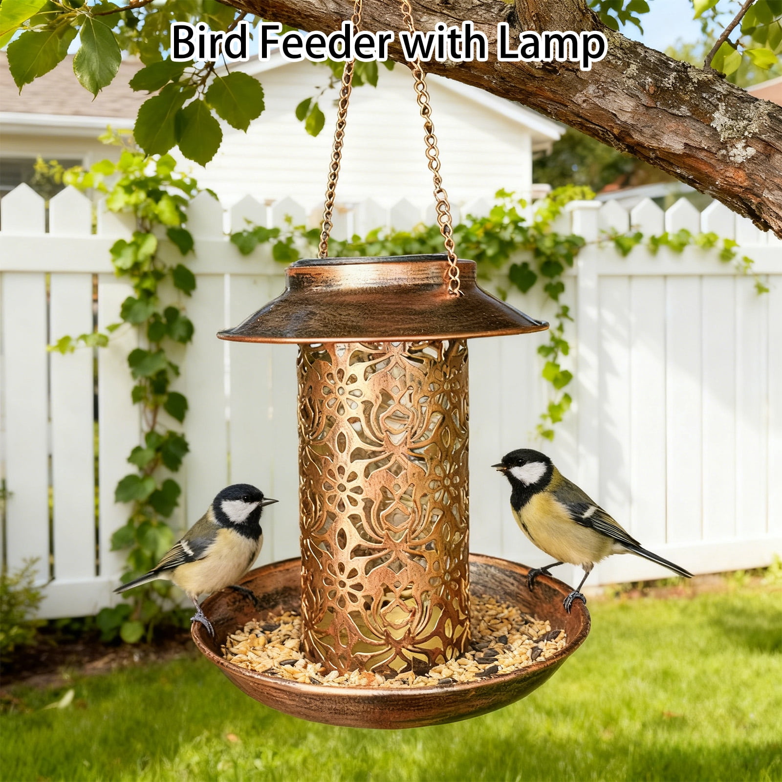 Solar Powered Hanging Bird Feeder With Light, Copper Hollow Decoration Outdoor Garden Yard Bird Feeding Station For Wild Birds Attracting