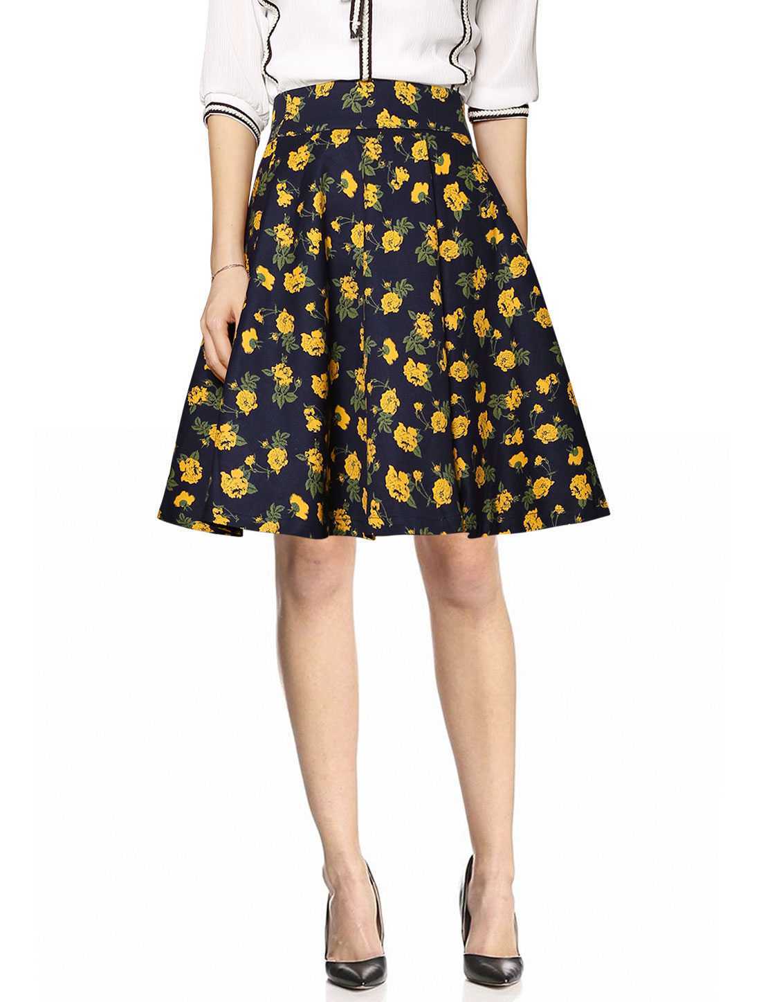 Unique Bargains Women Floral Above Knee Vintage Skirts Navy Blue Yellow ...