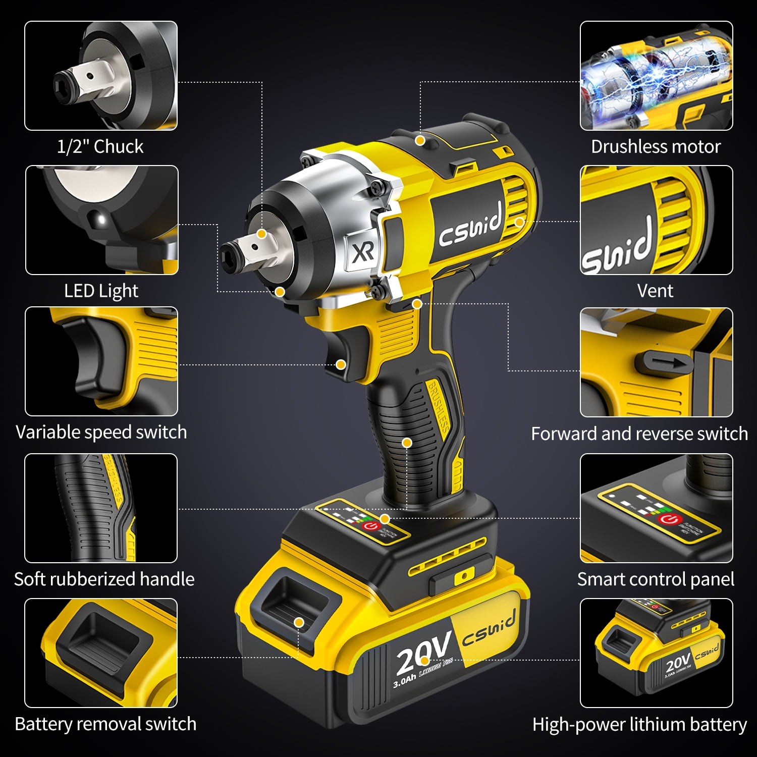 Cshidworld Cordless Impact Wrench 1/2", 20V Powerful Brushless Motor w/ 2-Mode Speed, Power Impact Wrench W/ 5 Sockets,8 Drill,6 Screws, Max Torque 280 ft-lbs (380N.m), Includes 2 x 3.0A Batteries