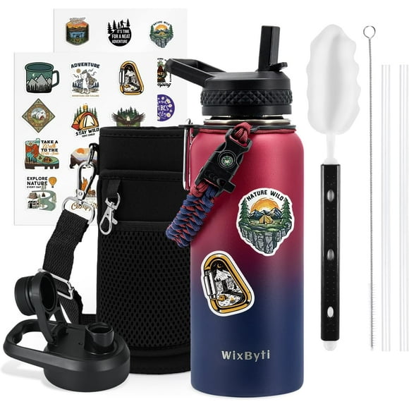 UTAH-32 oz Insulated Water Bottle with Straw (Cold for 48 Hrs), Stainless Steel Triple Wall Vacuum Sports Water Jug, Leakproof Hydro Cup Flask with Paracord Handle & Straw Spout Lids & DIY Stickers