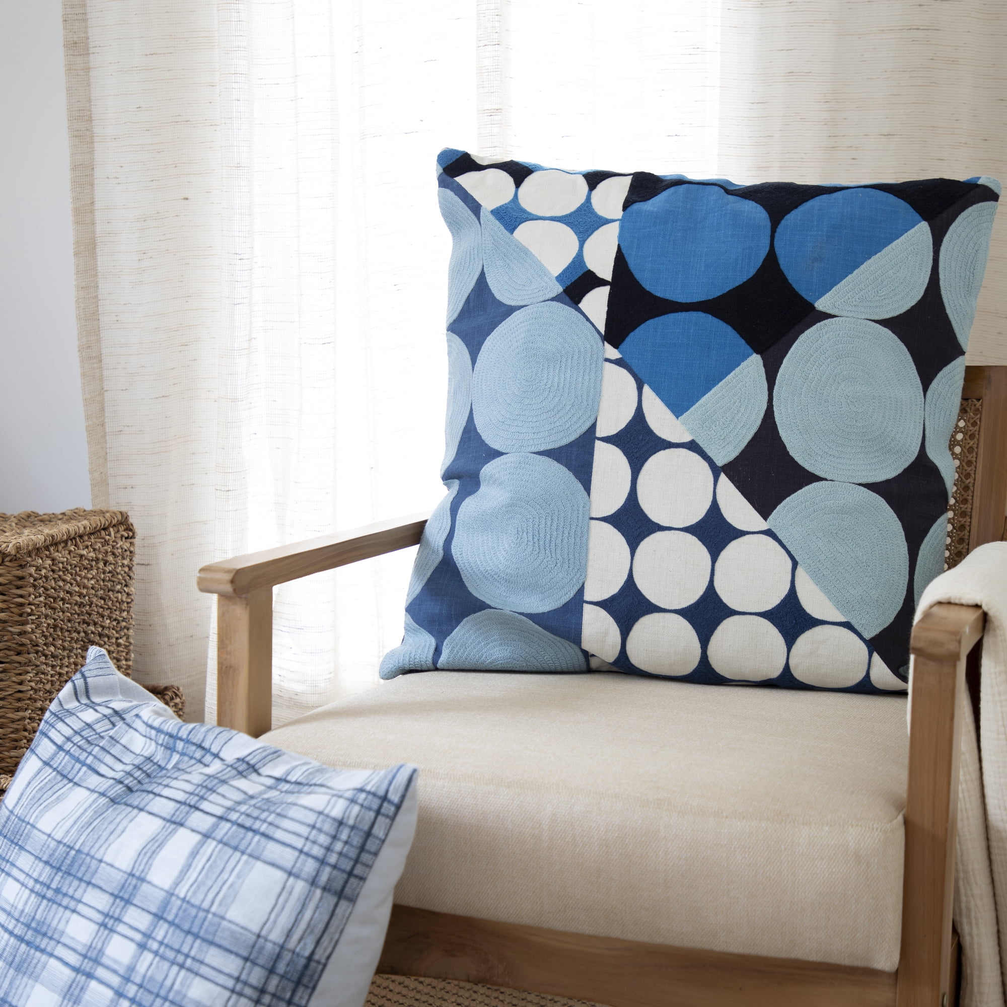 Ox Bay and Stacy Garcia 20" x 20" Blue/Ivory Embroidered Geometric Cotton Adult Decorative Throw Pillow Cover