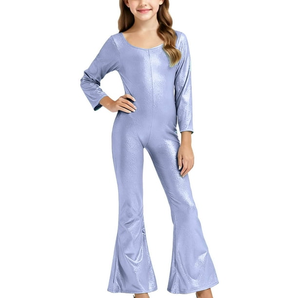 Mono para niños de color sólido con lentejuelas elegantes para fiestas de baile, actuaciones escolares, mangas largas, cuello redondo, pantalones acampanados, ropa combinada para fiestas y festivales,