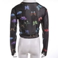 thumbnail image 5 of Arvbitana Women See-Through Blouse Butterfly Print O-Neck Sheer Long Sleeves Crop Top Summer Tight-Fitting Sexy Mesh Streetwear, 5 of 7