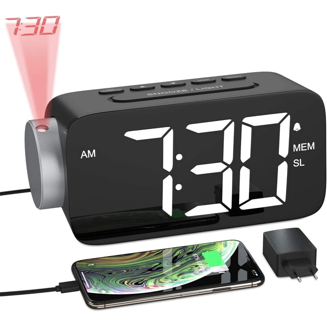 YISSVIC - Reloj despertador con proyección, radio FM, pantalla LED de 6,5", función de repetición fácil, brillo ajustable 3 veces, proyector giratorio de 180° con adaptador