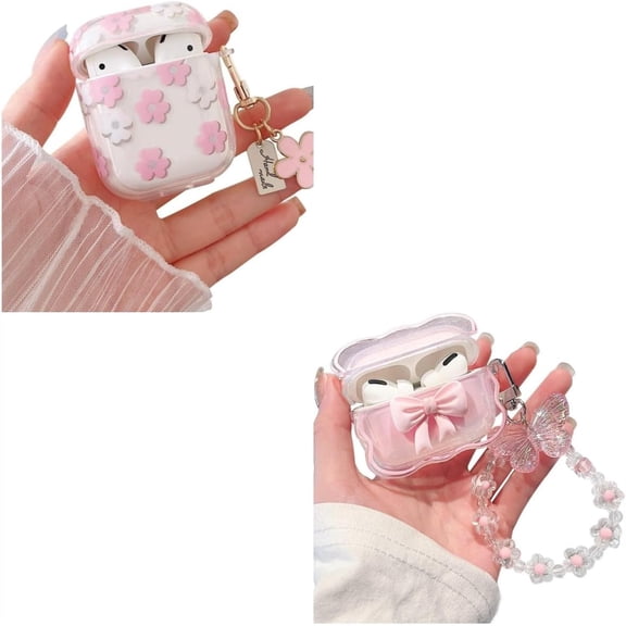 Compatible with AirPods 1/2 and Airpods Pro Clear Case,Cute Cartoon Flower and 3D Bow Pattern Design with Floral Keychain, Soft TPU Protective Shockproof Case for Girls Women