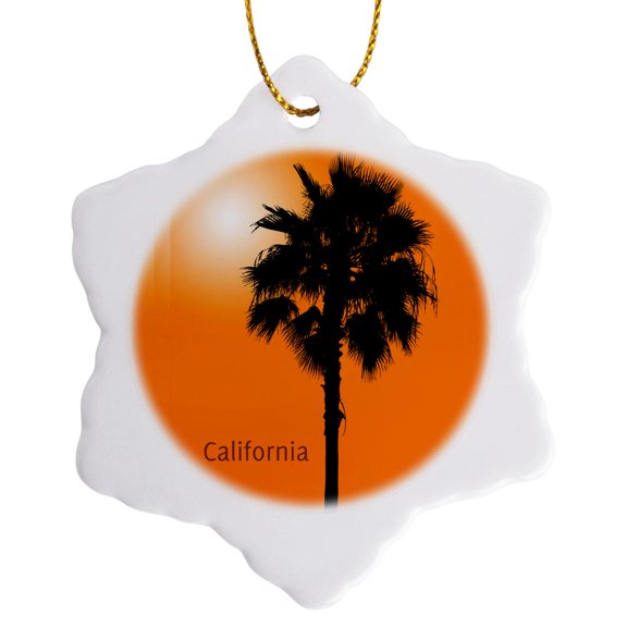 3drose, California Palm Sunny Silhouette of a Palm Tree Originally Photographed in California, 3 inch Snowflake Porcelain Ornament