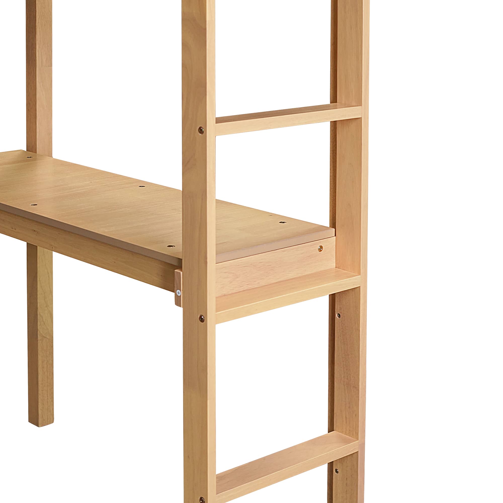 MAYEERTY Twin High Loft Bed, Rubber Wood Bed Frame with Guardrail, Built-in Desk, White Oak