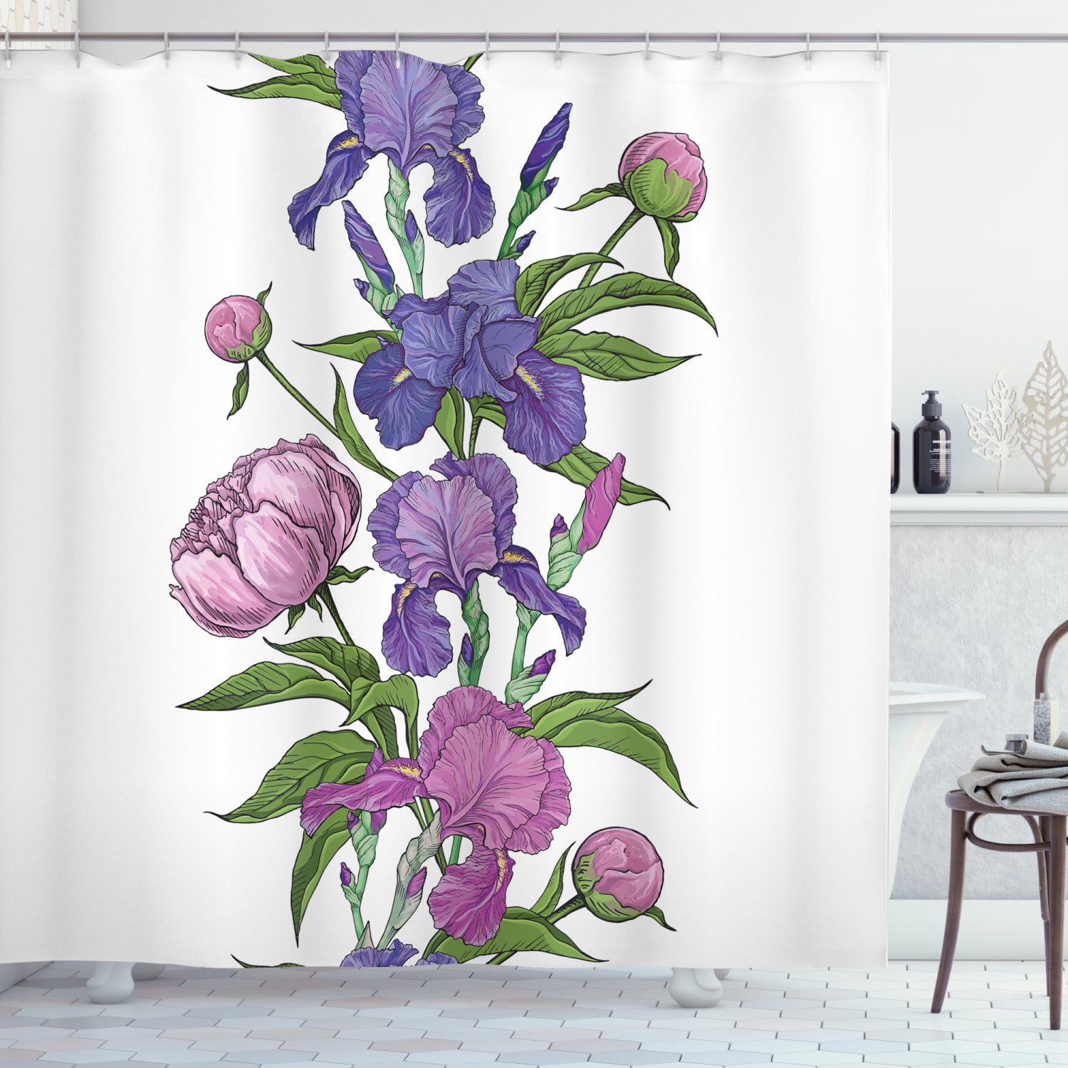 Peony Shower Curtain Naive Hand Drawn, Purple And Lime Green Shower Curtain