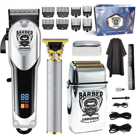 LARGNER 3-in-1 Silver Grooming Kit for Men, Cordless Barber Hair Clipper, Zero Gap Beard Trimmer & Foil Shaver with LED Display