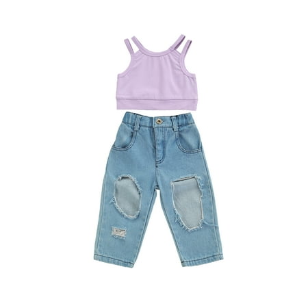 

Canrulo Summer Kids Girls Clothes 2pcs Solid Sleeveless Pullover Vest Tops Denim Pants Sets Purple 2-3 Years