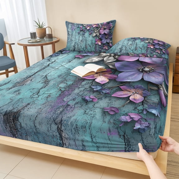 Twin XL Size Fitted Sheet Set - Purple Floral 2 Piece Bedding Sets 16" Deep Pocket Fitted Sheet with 1 Pillowcases, Vintage Cracked Wall Country Rustic Brushed Microfiber Hotel Luxury Bed Sheets