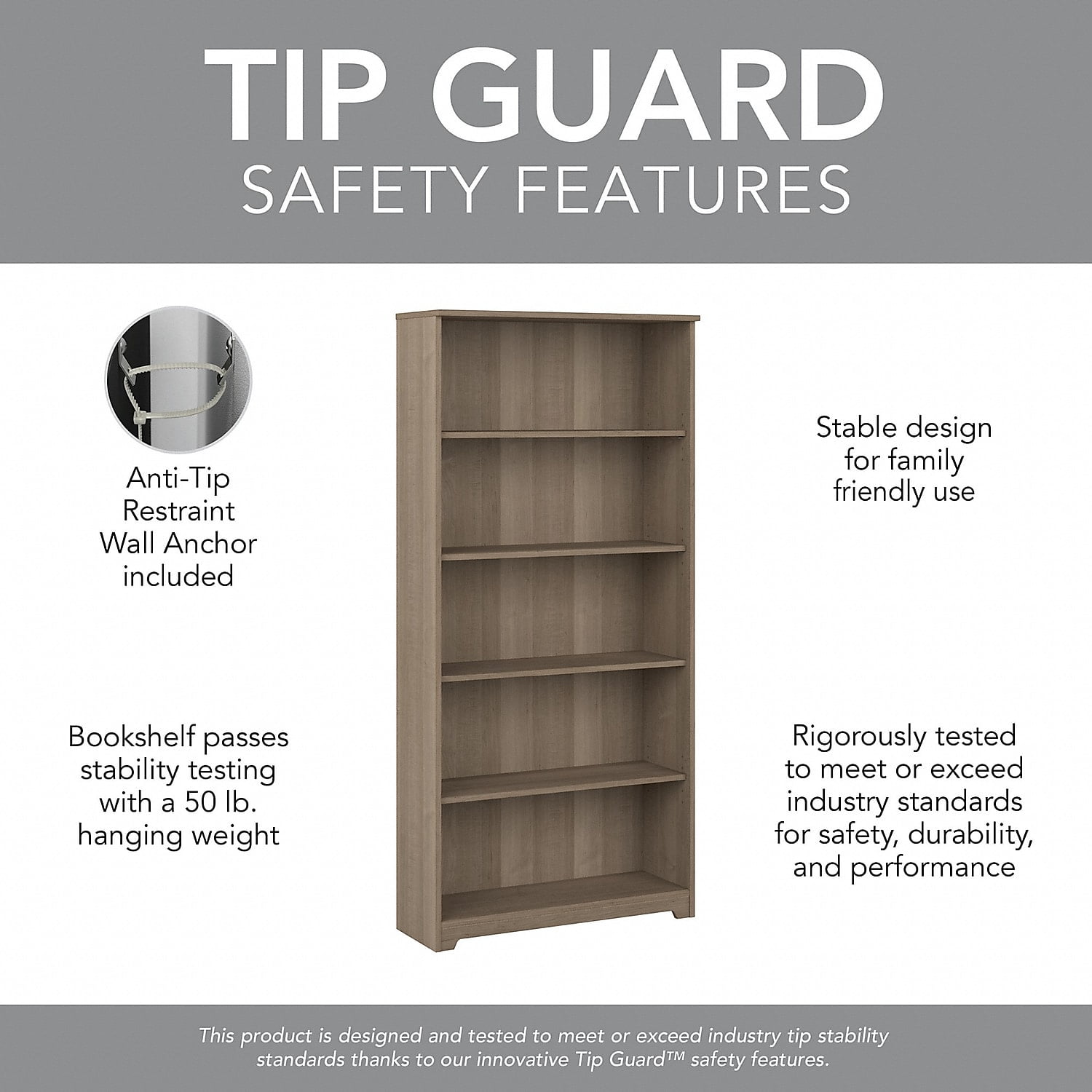 Bush Furniture Cabot Tall 5 Shelf Bookcase, Ash Gray