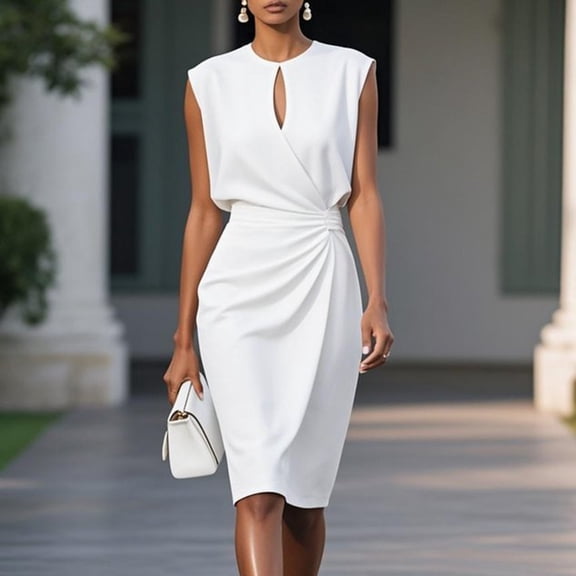 Xdegoge Sleeveless Dress for Women Keyhole Neck Ruched Waist Fitted Sheath Midi Dresses Work Office Business Casual Party Wedding Guest Gown Summer Solid Color Elegant Outfits