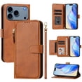 thumbnail image 4 of Zipper Wallet Case for iPhone 17 Pro Max with Card Slots & Wrist Strap, Flip Cover Stand Brown, 4 of 5